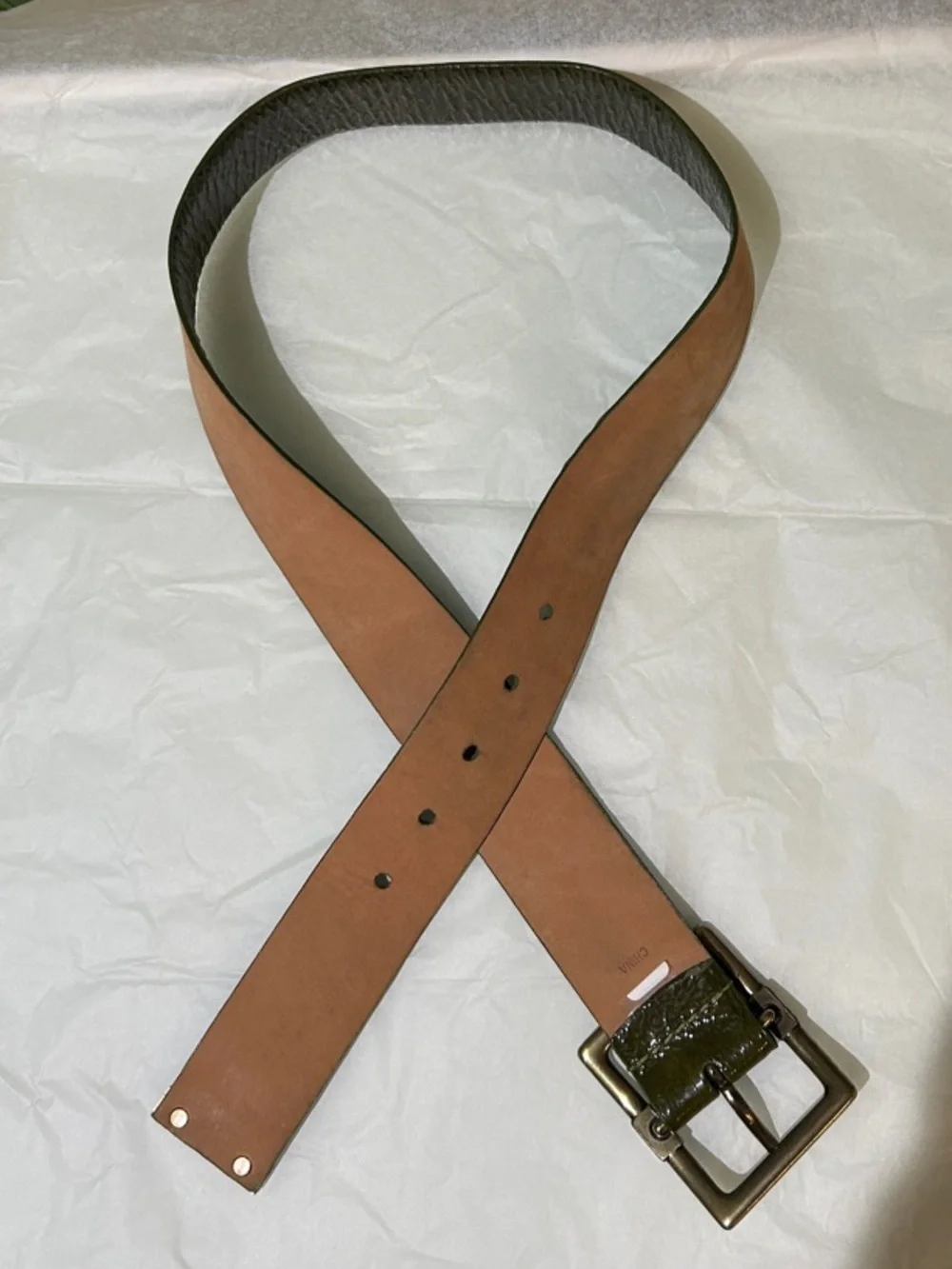 Michael Kors Olive Green Wide Crinkle Patent Leather Belt with Brass Buckle